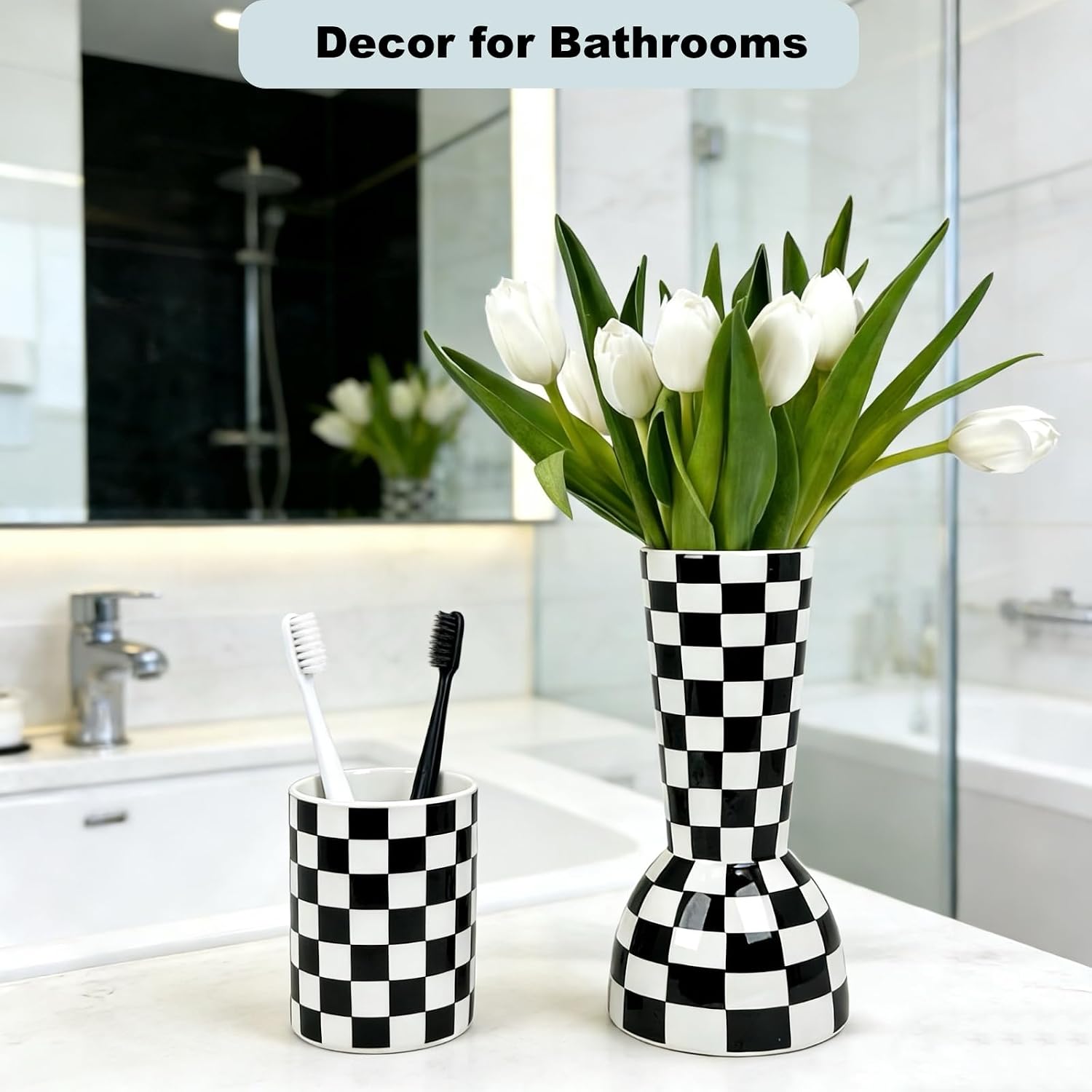 Black and White Checkered Vase, Aesthetic Modern Ins Cool Flower Vases for Home Decor, Entryway Table, Centerpieces Decoration, Kitchen, Living/Dining Room, Bedroom, Bathroom, Coffee Tables (Ceramic)