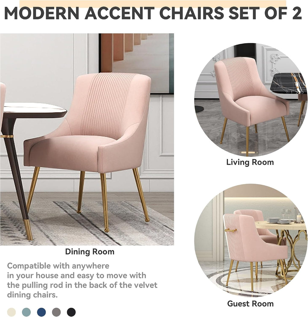 Dining Chairs,Modern Living Room Chairs, Velvet Upholstered Dining Room Chairs with Gold Legs,Tufted Accent Chair Set of 6 for Reception Room Bedroom Study Room(Pink)