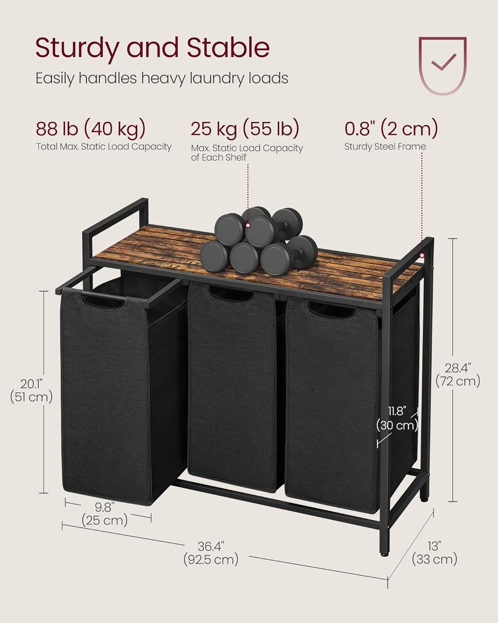 VASAGLE Laundry Hamper, Laundry Basket, Laundry Sorter with 3 Pull-Out and Removable Bags, Shelf, Metal Frame, 3 x 10.6 Gallons (40 L), 36.4 x 13 x 28.4 Inches, Ink Black and Rustic Brown UBLH301B01