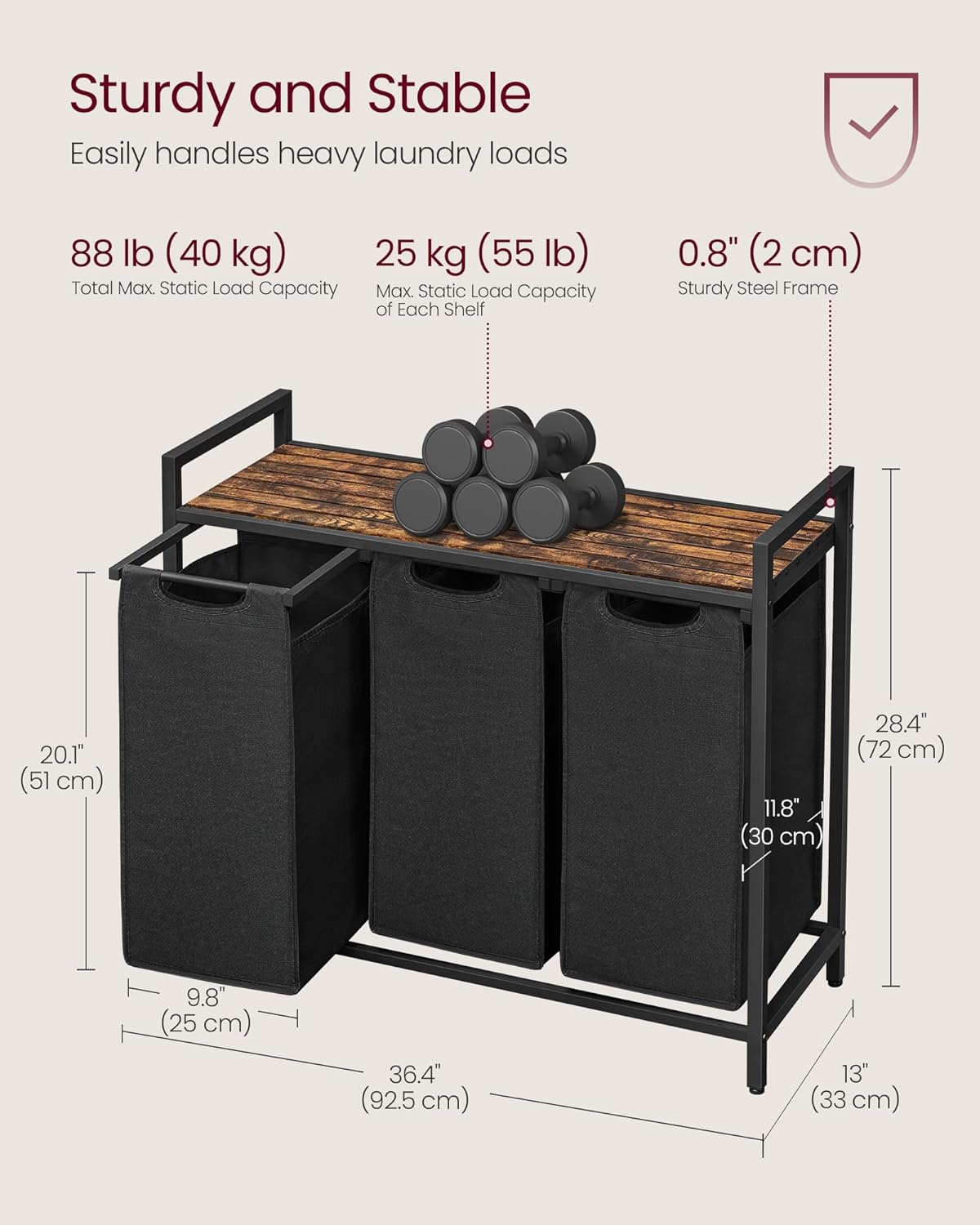VASAGLE Laundry Hamper, Laundry Basket, Laundry Sorter with 3 Pull-Out and Removable Bags, Shelf, Metal Frame, 3 x 10.6 Gallons (40 L), 36.4 x 13 x 28.4 Inches, Ink Black and Rustic Brown UBLH301B01
