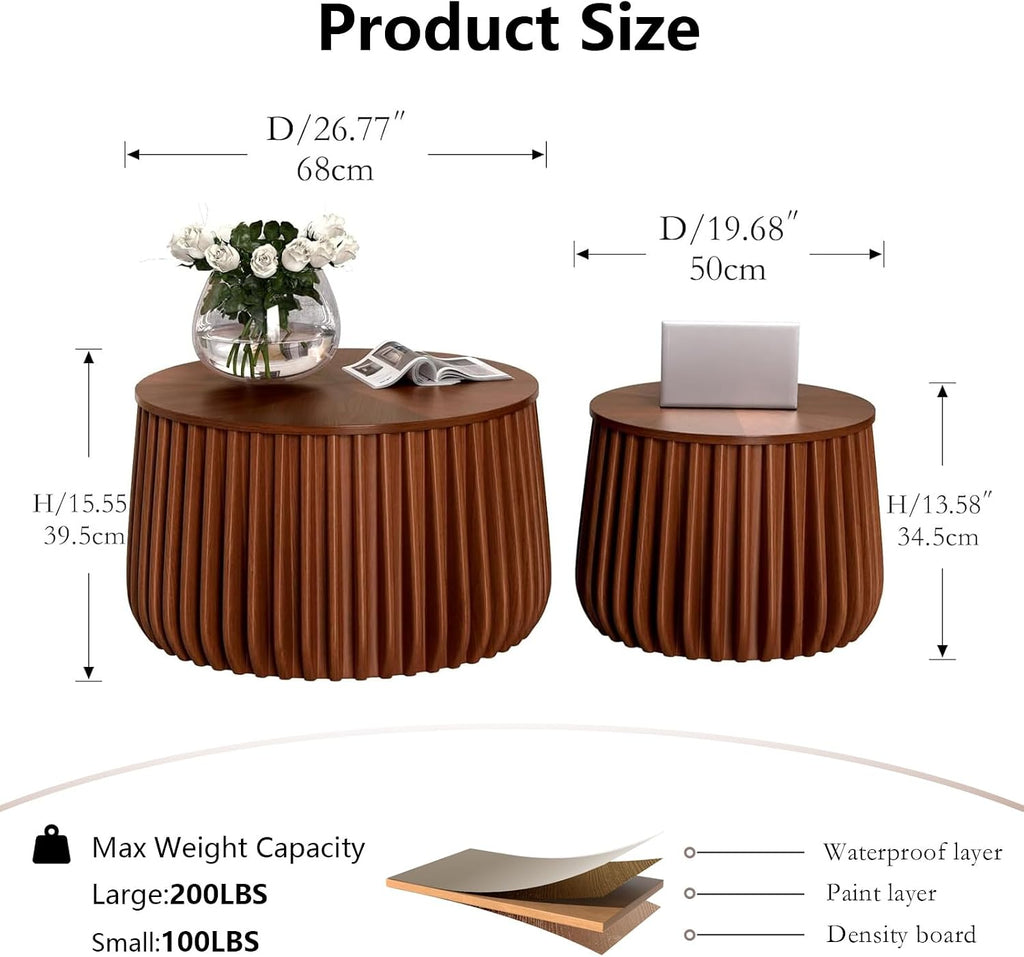 Round Nesting Coffee Tables Set of 2 with Storage Modern Wooden Fluted Nesting End Table Set Stacking Sofa Side Tables for Living Room Apartment, No Need Assembly (BrownD)