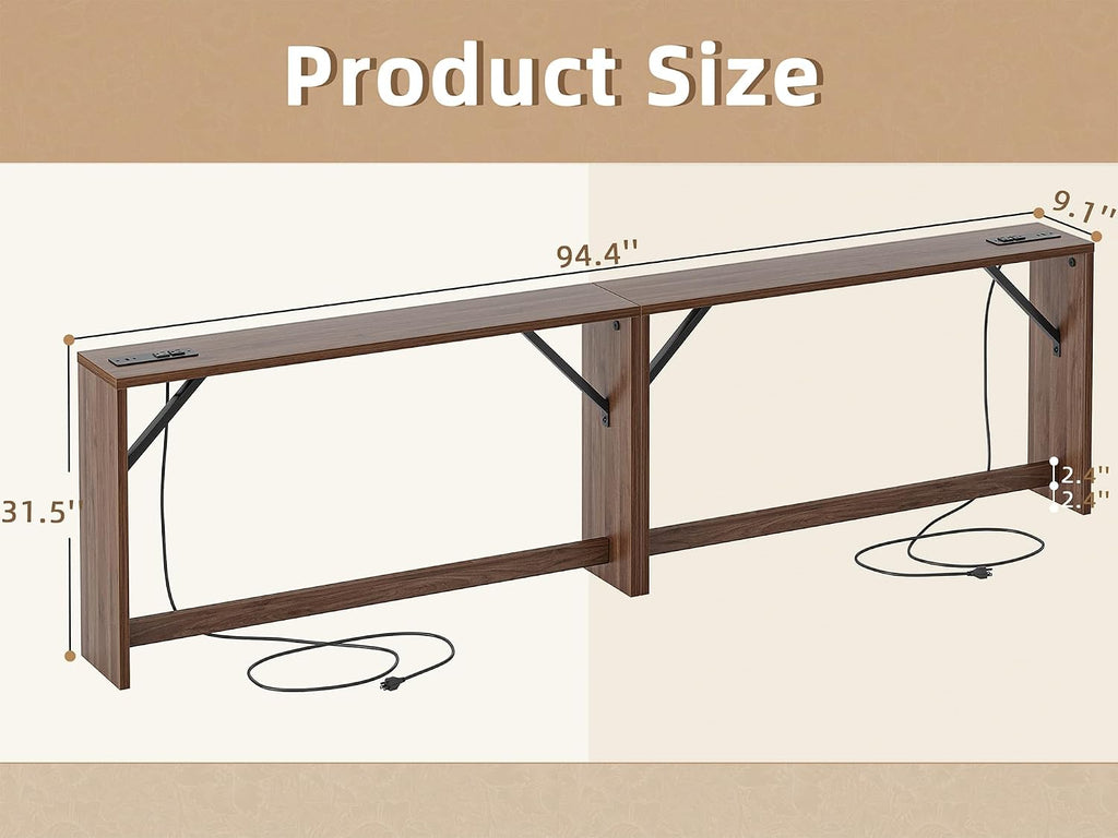 TIQLAB 9.1 Inch Narrow Console Table with Power Outlet,Sofa Table Set of 2，Total Length 94'' Sofa Table Behind Couch，for Entryway&Living Room, Black Walnut