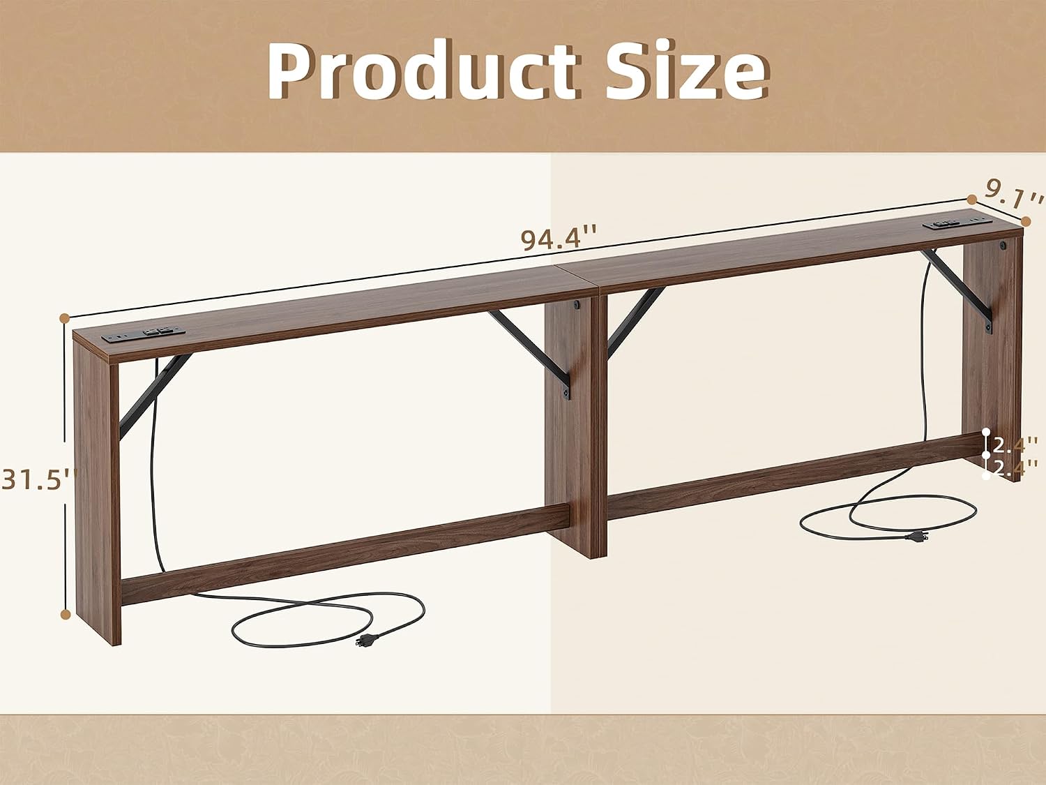 TIQLAB 9.1 Inch Narrow Console Table with Power Outlet,Sofa Table Set of 2，Total Length 94'' Sofa Table Behind Couch，for Entryway&Living Room, Black Walnut