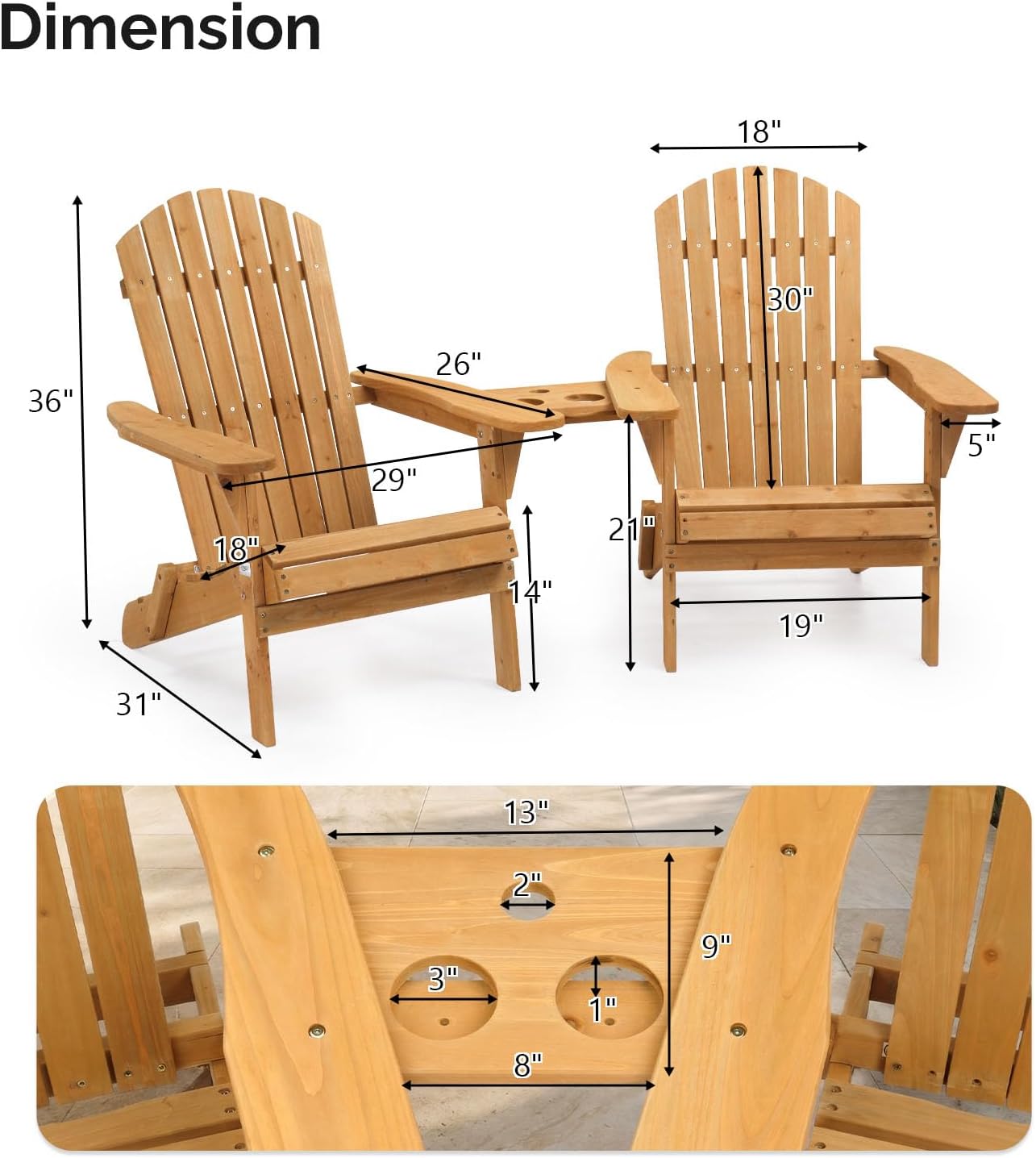 VINGLI Folding Adirondack Double Chair, Wood Adirondack Chairs for Outdoor, with Small Storage Table, Foldable Fire Pit Chairs for Patio, BBQ, Porch, Yard, Pool