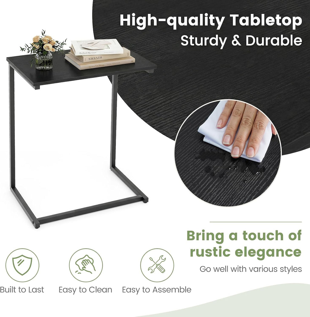 Tangkula C-Shaped End Table, Vintage Accent Couch Table with Heavy-Duty Metal Frame for Coffee/Snacks/Laptop, 26.5" Side Table for Bed, Sofa, Armchair (1, Black)