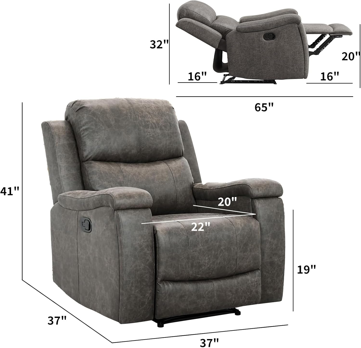 CANMOV Leather Recliner Chair, Classic and Traditional Manual Recliner Chair with Overstuffed Arms and Back, Manual Single Sofa with Concealed Cup Holders,Grey