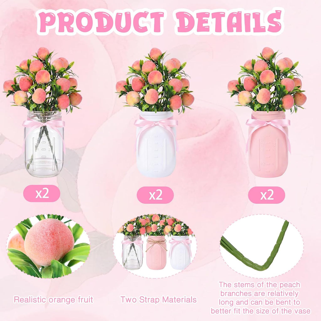 6 Sets Artificial Peach Branches with Vase Ribbon 12.6'' Realistic Faux Fruit Bouquet Fake Stem with Green Leaves Decorative for Home Party Farmhouse Table Decor (Pink, White, Clear)