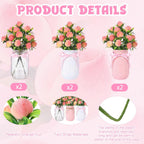 6 Sets Artificial Peach Branches with Vase Ribbon 12.6'' Realistic Faux Fruit Bouquet Fake Stem with Green Leaves Decorative for Home Party Farmhouse Table Decor (Pink, White, Clear)