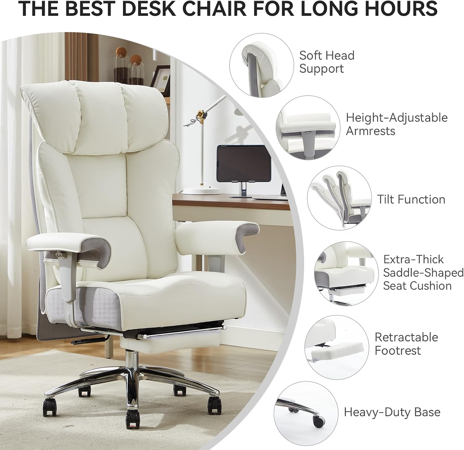 Efomao Big and Tall Executive Office Chair 400lbs - White Desk Chair for Women with Footrest, 24" Wide Ergonomic Pocket Spring Cushion Seat, Heavy Duty Computer Chair for Home Office, Gaming