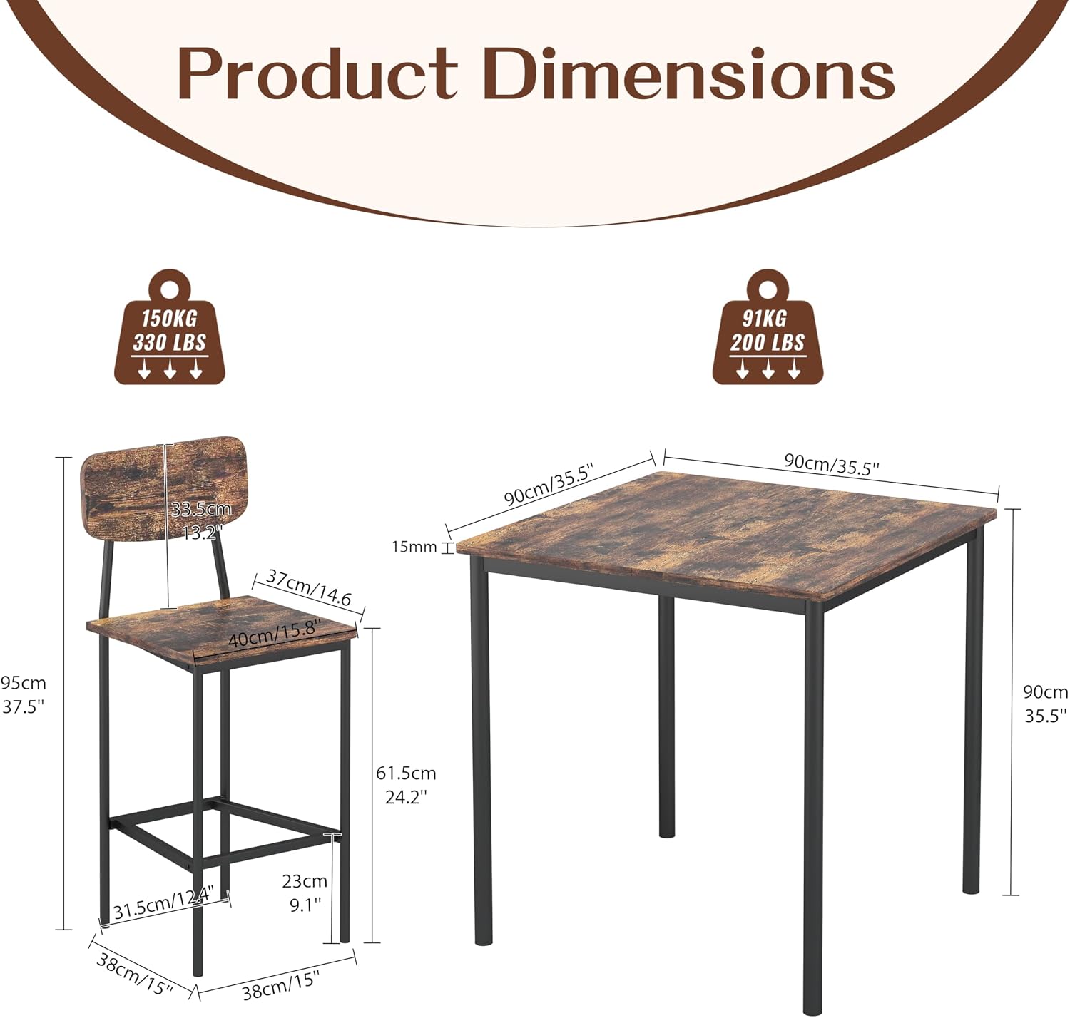 NUNU LAB Kitchen Table and Chairs of 4, Dining Table Set for 4 with Space Saving, Sturdy Industrial Space Saving Dinette Set for Pub, Dining Room, Rustic Brown