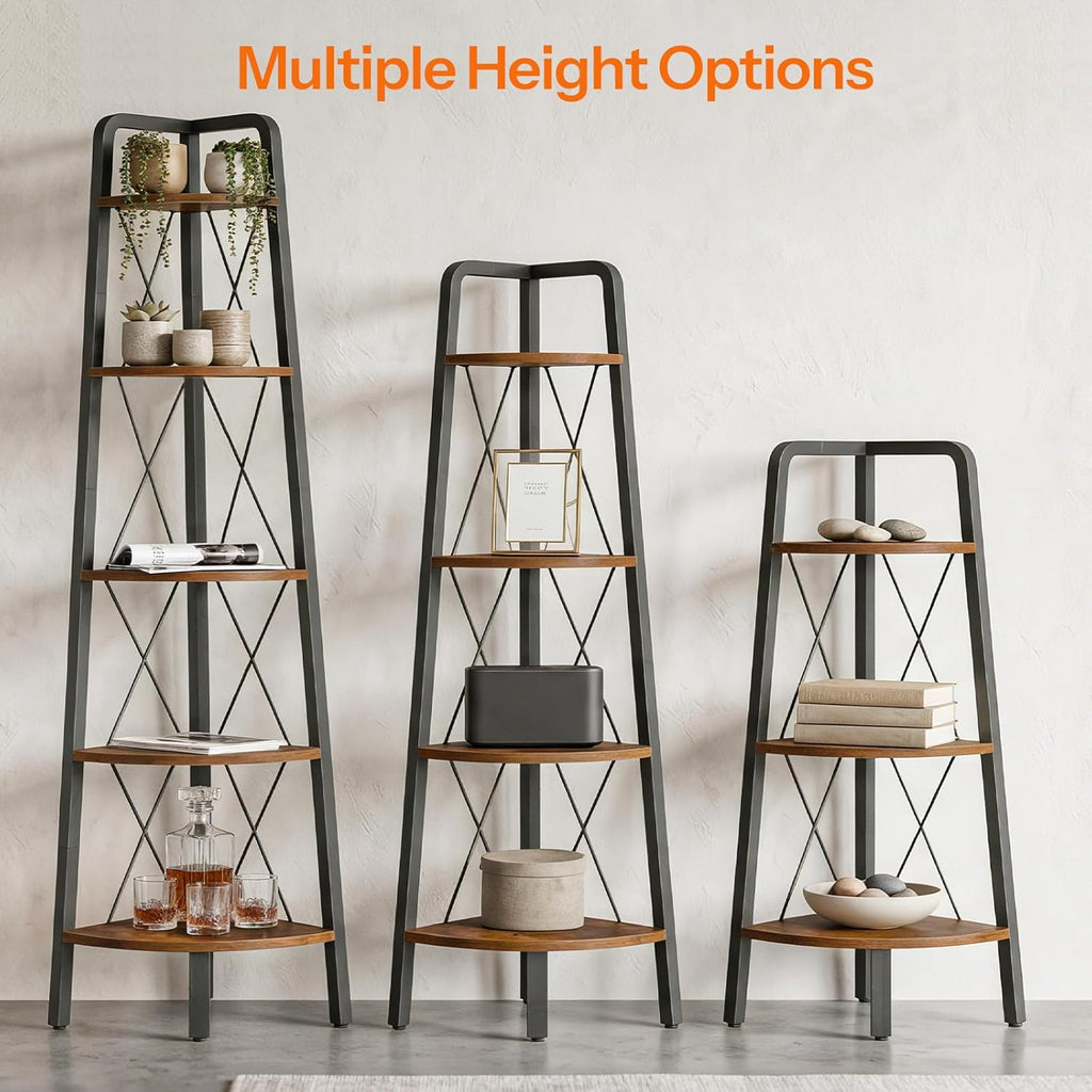 HOOBRO Corner Shelf, 5-Tier Corner Shelf Stand, 66.9" Tall Ladder Bookshelf, Industrial Corner Display Shelf Plant Stand for Living Room, Kitchen, Home Office, Rustic Brown BF145CJ01