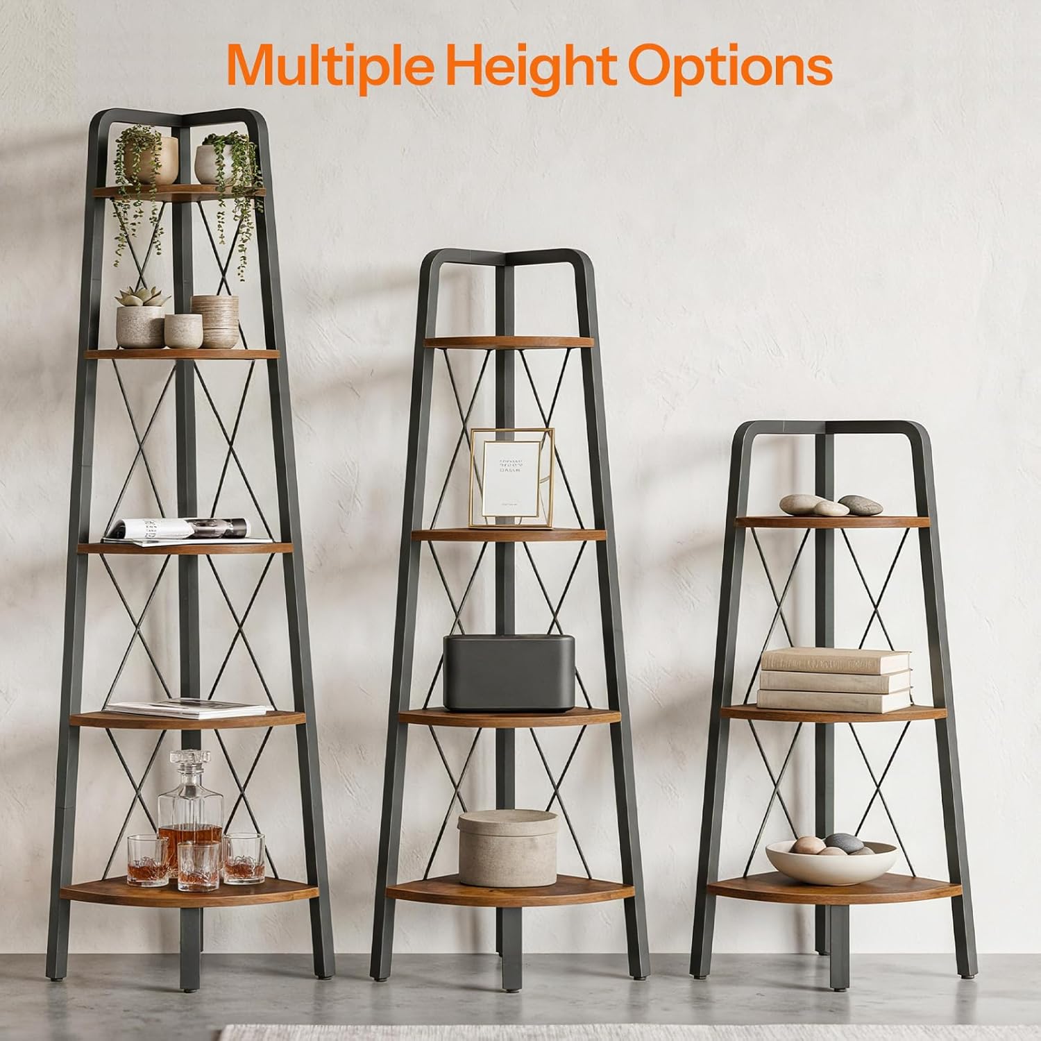 HOOBRO Corner Shelf, 5-Tier Corner Shelf Stand, 66.9" Tall Ladder Bookshelf, Industrial Corner Display Shelf Plant Stand for Living Room, Kitchen, Home Office, Rustic Brown BF145CJ01