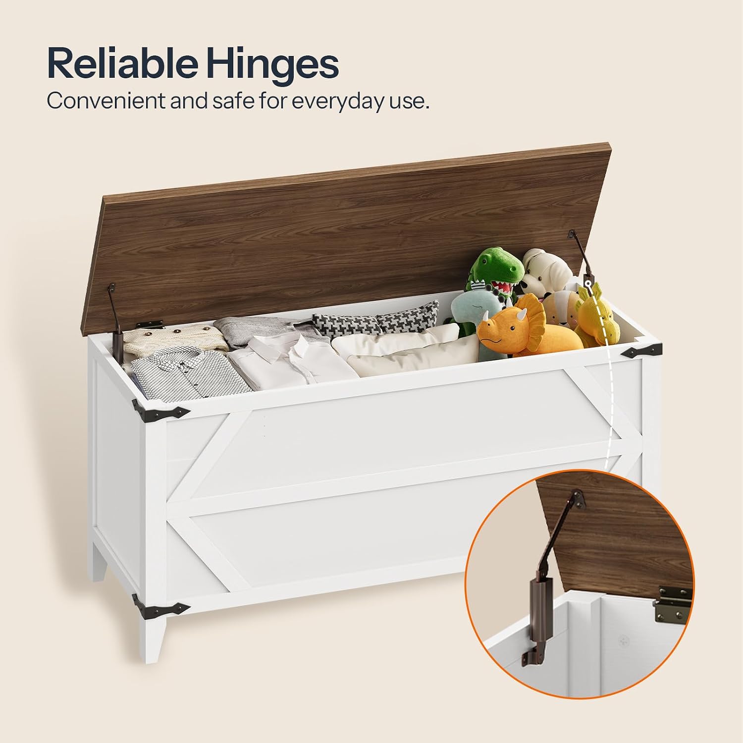 HOOBRO 43.3" Storage Bench, Toy Box with Safety Hinges, Toy Chest Storage, Wooden Storage Bench for Bedroom, Living Room, White and Walnut WH611CW01