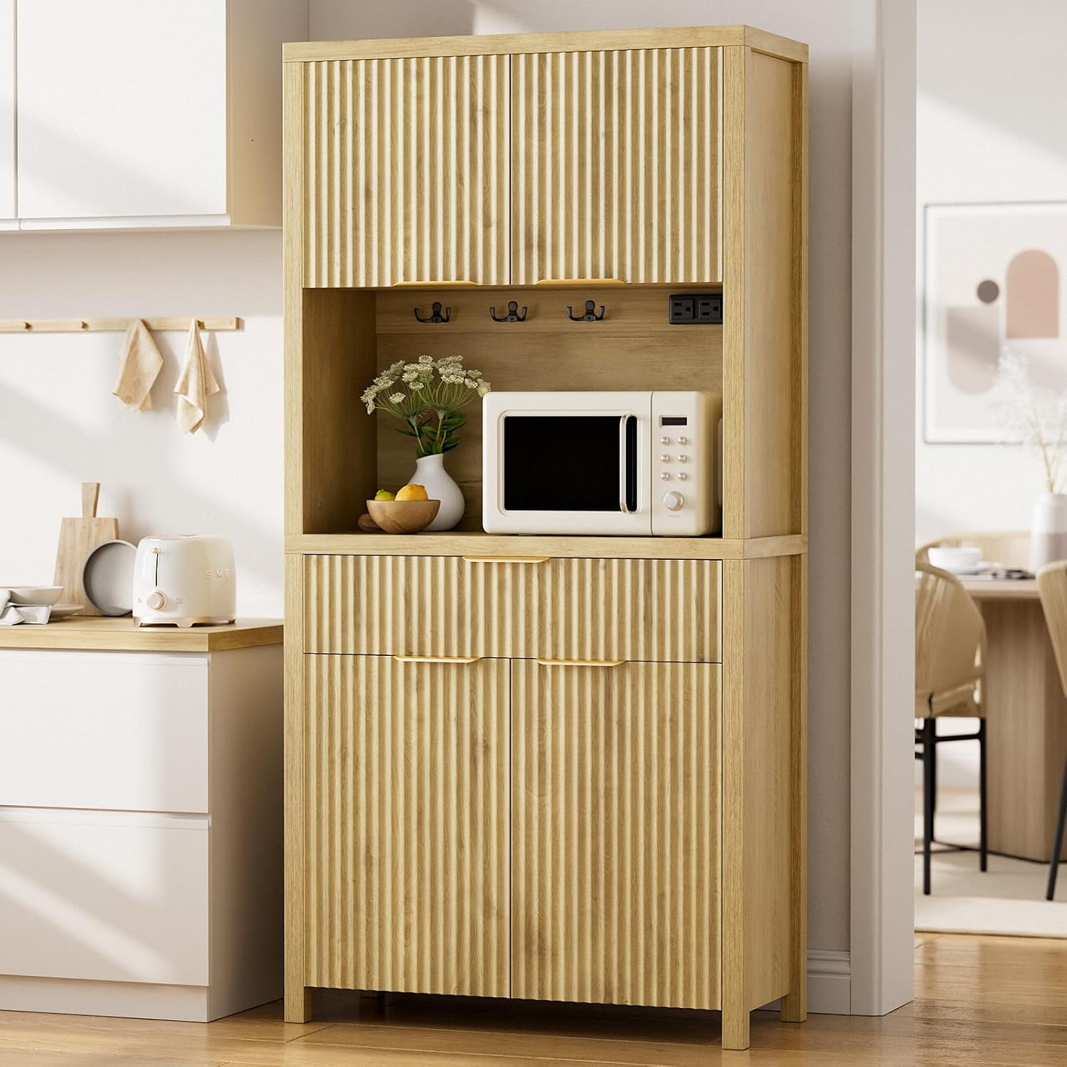 Modern Black Kitchen Pantry Cabinet/Water Ripple Food Cabinet (Wood Color)