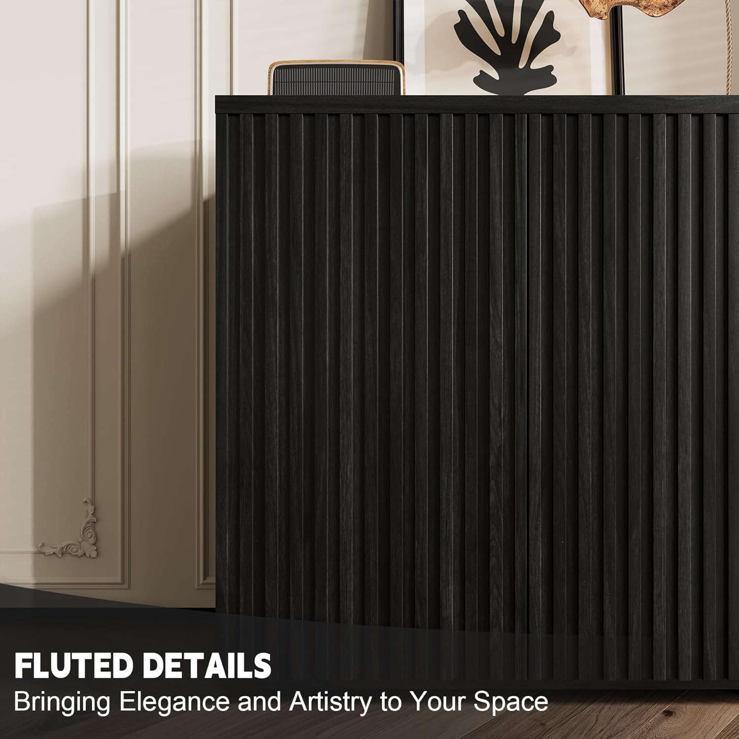 Rophefx Fluted Sideboard Cabinet, 63" Buffet Cabinet with Storage, Credenza Storage Cabinets with Adjustable Shelf, Wood Entryway Cabinets with Pop-up Doors for Living Room, Entryway, Black Grey