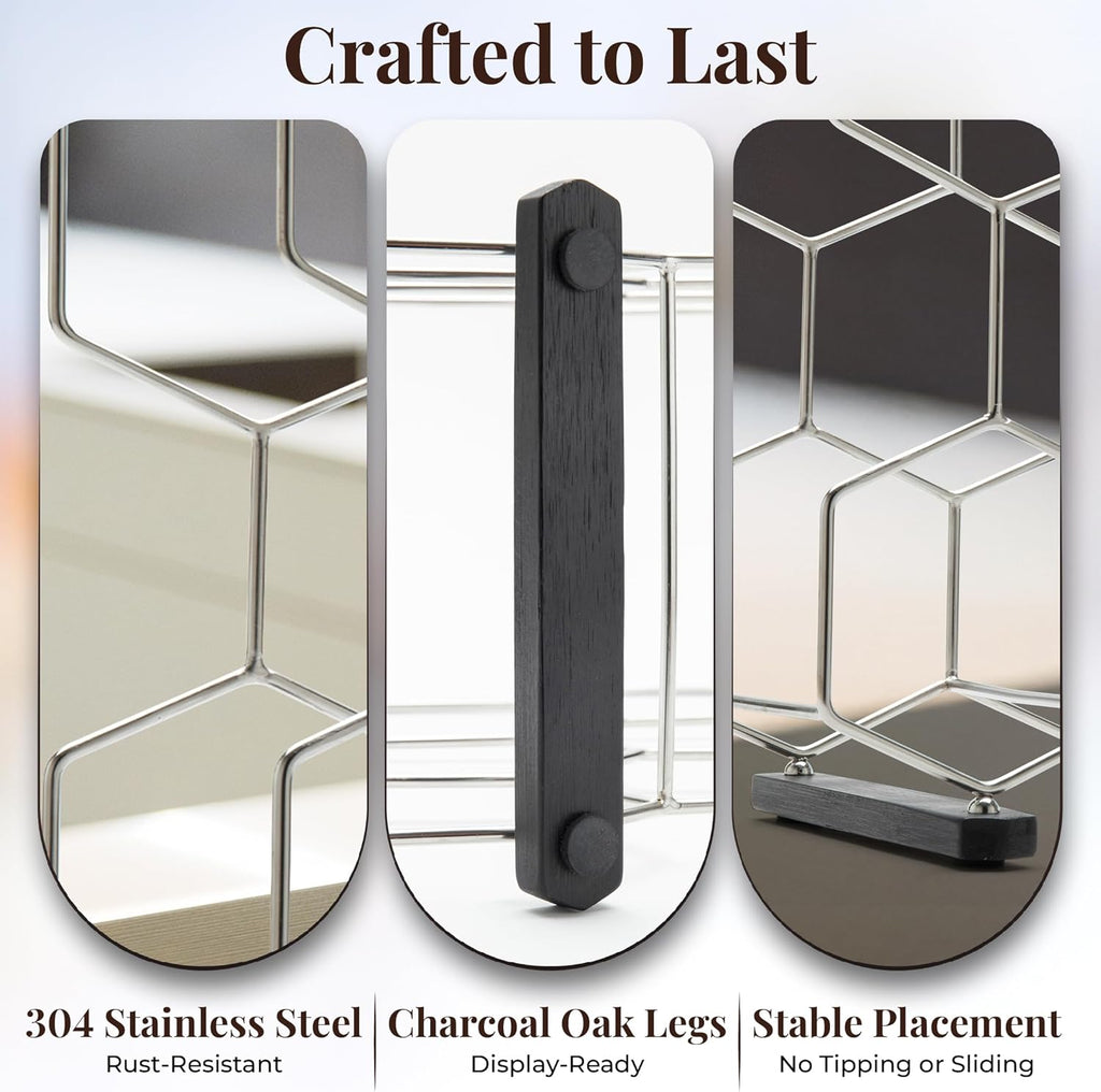 Countertop Wine Rack - 8-Bottle - Stainless Steel & Charcoal Oak - 3 Tier Tabletop Wine Holder Stand for Cabinet, Pantry - Freestanding - No Assembly Required