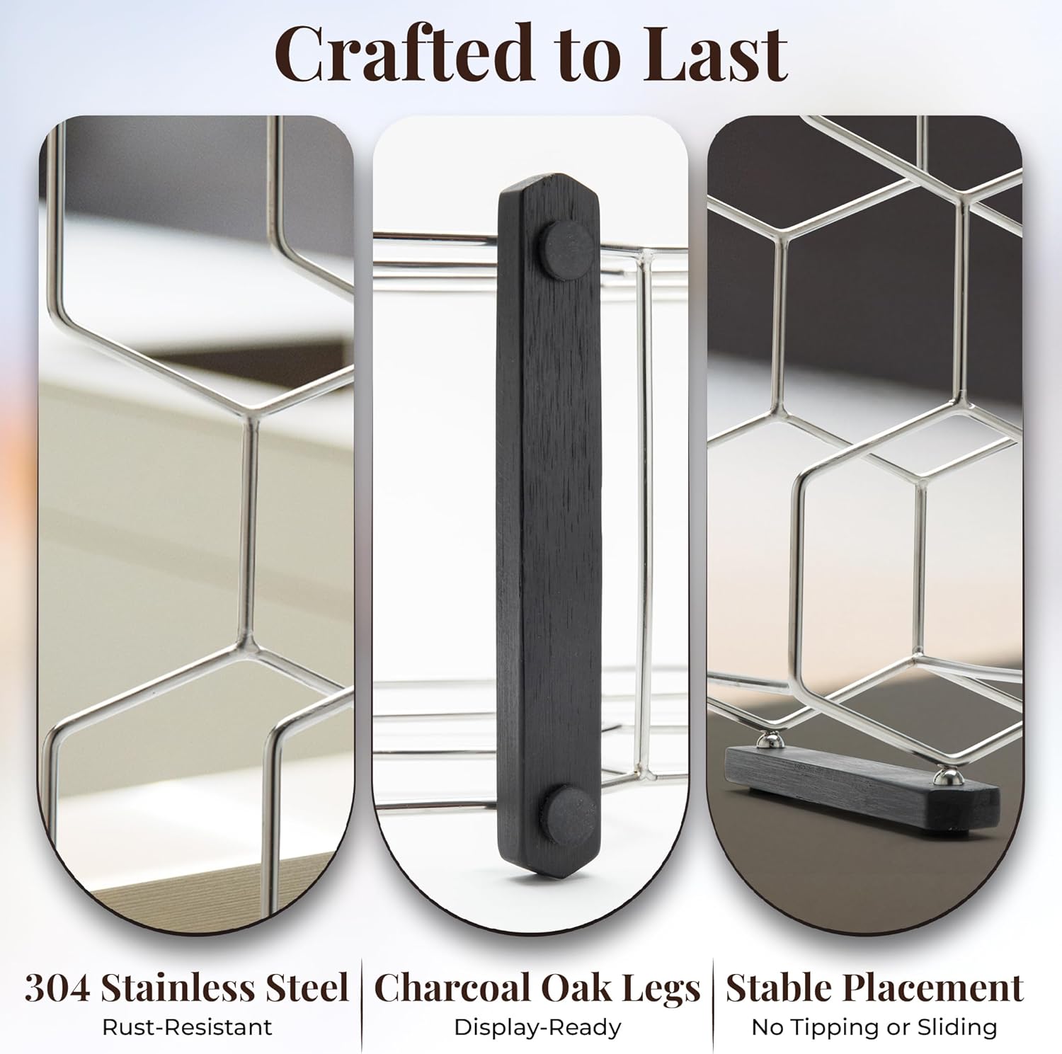 Countertop Wine Rack - 8-Bottle - Stainless Steel & Charcoal Oak - 3 Tier Tabletop Wine Holder Stand for Cabinet, Pantry - Freestanding - No Assembly Required