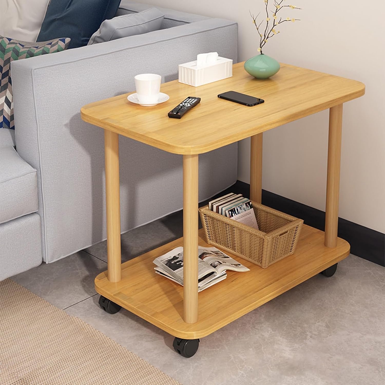 Movable 2-Tier Side Table with 360 Swivel, Industrial Wood Frame End Table for Living Room, Bedroom, Balcony, Office, Study, Entryway, Small Spaces, Narrow Nightstand 23.6"x11.8"x18.5" Wooden Color