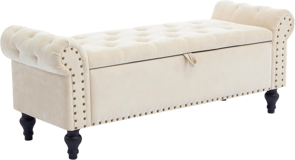 51" Storage Ottoman Bench, End of Bed Bench for Bedroom, Storage Ottomans for Foot of Bed, Chenille Upholstered Benches, Window Benches for Living Room, Entryway, Beige