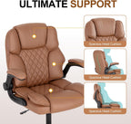 Office Desk Chair,Mid Back Executive Leather Chair,Ergonomic Home Computer Chair,Modern Conference Room Chairs with Adjustable Flip-Up Arms and Rocking Function (Brown)