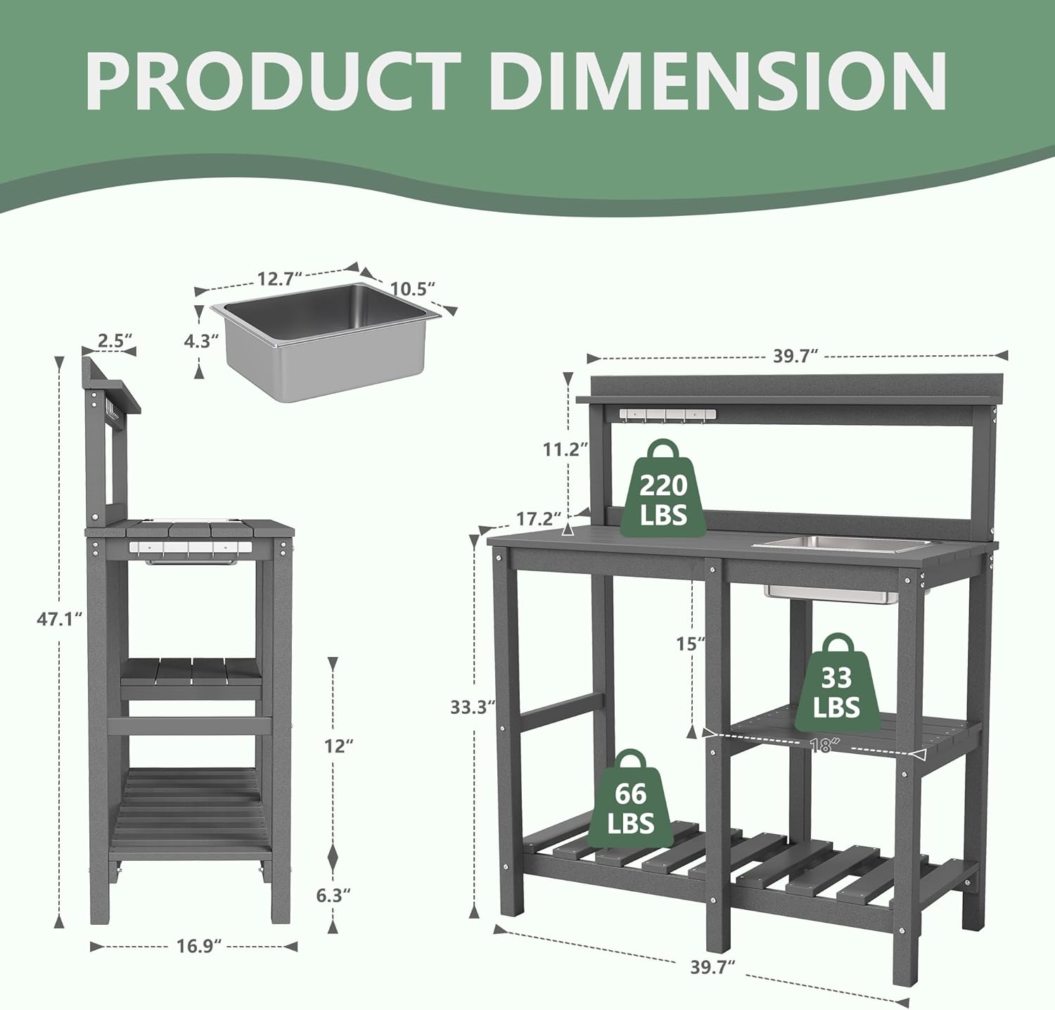 FOOWIN Potting Bench, HDPE Outdoor Potting Table with Sink, All-Weather Potting Benches for Outside, Gardening Table with Storage Shelf, Hook, for Garden, Patio, Lawns, Grey