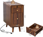 Narrow Side Table, Wood Night Stand with Charging Station, Farmhouse Sofa End Table with Drawer & Storage Cabinet, Slim Nightstand for Small Spaces Living Room Bedroom Office