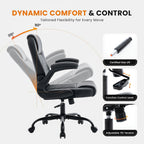 Leather Office Chair, 300lbs Heavy Duty Mid-Back Desk Chairs with Flip-up Armrests, Space-Saving Swivel Task Chair with Wheels, Adjustable Height and Ergonomic Back Support, Black