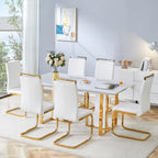 63" Dining Table,White Gloss Kitchen Table,1.8" Thick MDF Board Table Top Coated by Faux Marble Pattern with Chrome Plate Gold Base,Modern Dining Table for 6-8 People