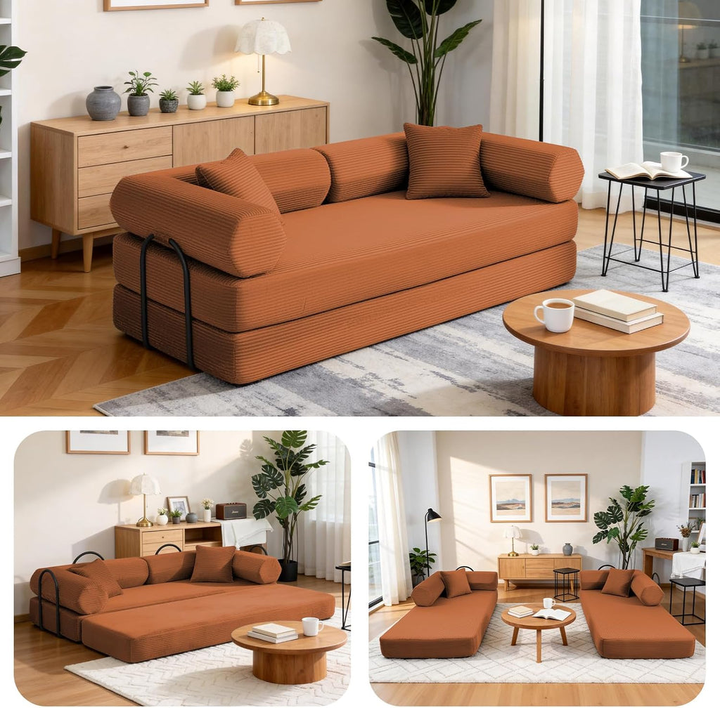79" Corduroy Sofa Bed, Boneless Couch in a Box with 2 Pillows, High-Density Foam 4-in-1 Foldable Sleeper Futon Loveseat for Small Spaces, No Assembly, Side Pockets, Hex Arm Orange