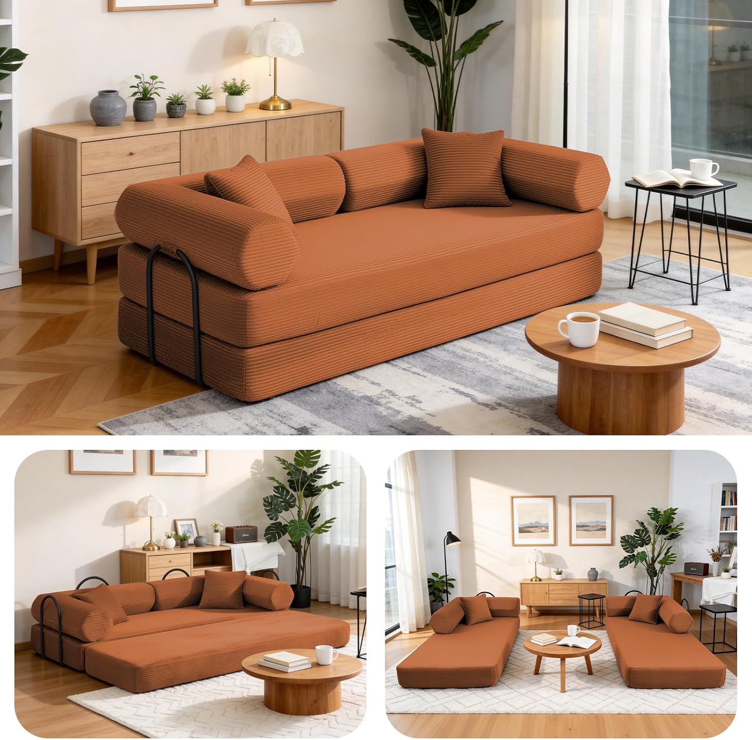 79" Corduroy Sofa Bed, Boneless Couch in a Box with 2 Pillows, High-Density Foam 4-in-1 Foldable Sleeper Futon Loveseat for Small Spaces, No Assembly, Side Pockets, Hex Arm Orange