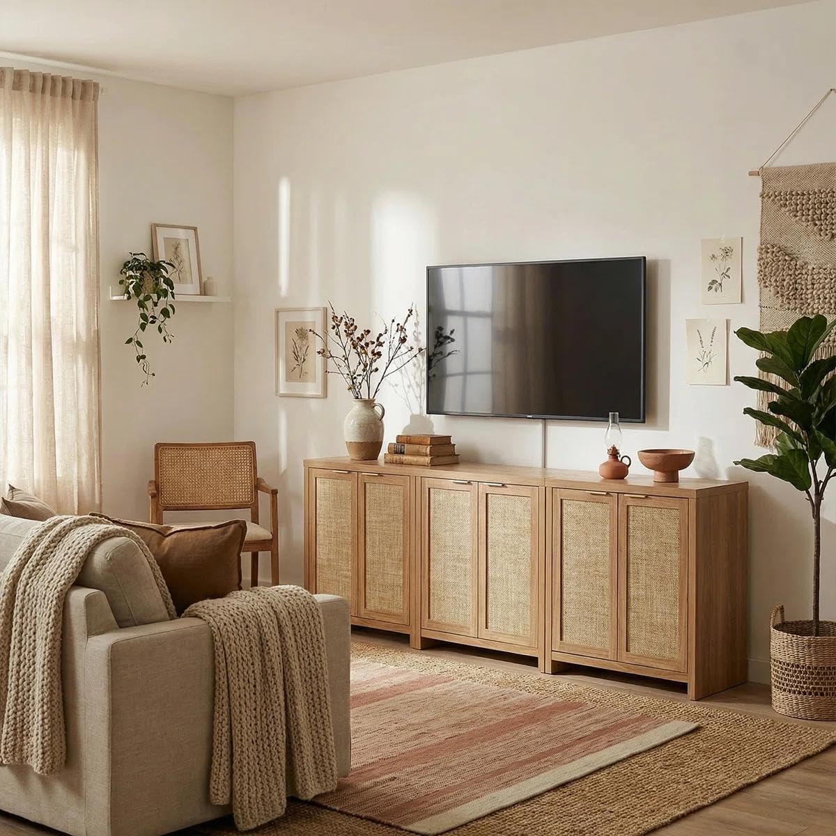 OAKHAM HOME Rattan Sideboard Cabinet with Storage, Buffet Cabinet with 2 Soft-Close Doors, Adjustable Shelves and 110 lbs Top, Storage Cabinet for Living Room, Kitchen, Entryway, Natural Oak