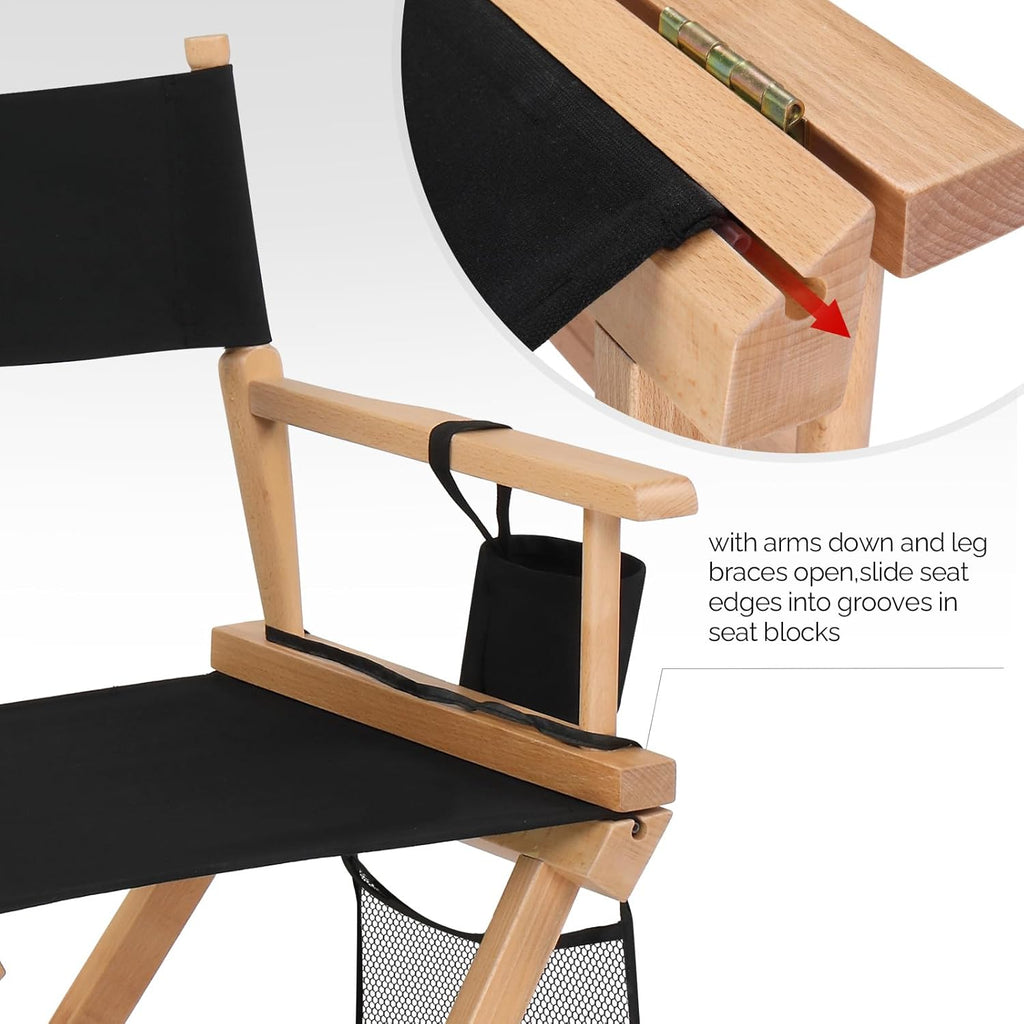 OmySalon 31" Extra Tall Directors Chair - Portable Folding Makeup Chair with Storage Bag & Footrest, Professional for Salon/Outdoor/Craft Shows, 250lbs Capacity (Black/Natural Frame)