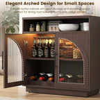 Sideboard Buffet Cabinet with Storage, 31.5" Coffee Bar Cabinet with LED Lights & Removable Wine Rack, Small Accent Cabinet with Arched Glass Doors for Kitchen/Living Room/Entryway/Dining Room, Brown