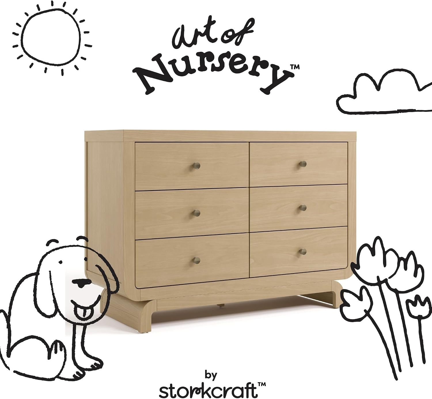 Storkcraft Santorini 6 Drawer Double Dresser, Driftwood | GREENGUARD Gold Certified, Interlocking Drawer System, Premium Wood Dresser Drawer Organizer for Nursery and Kids Bedroom