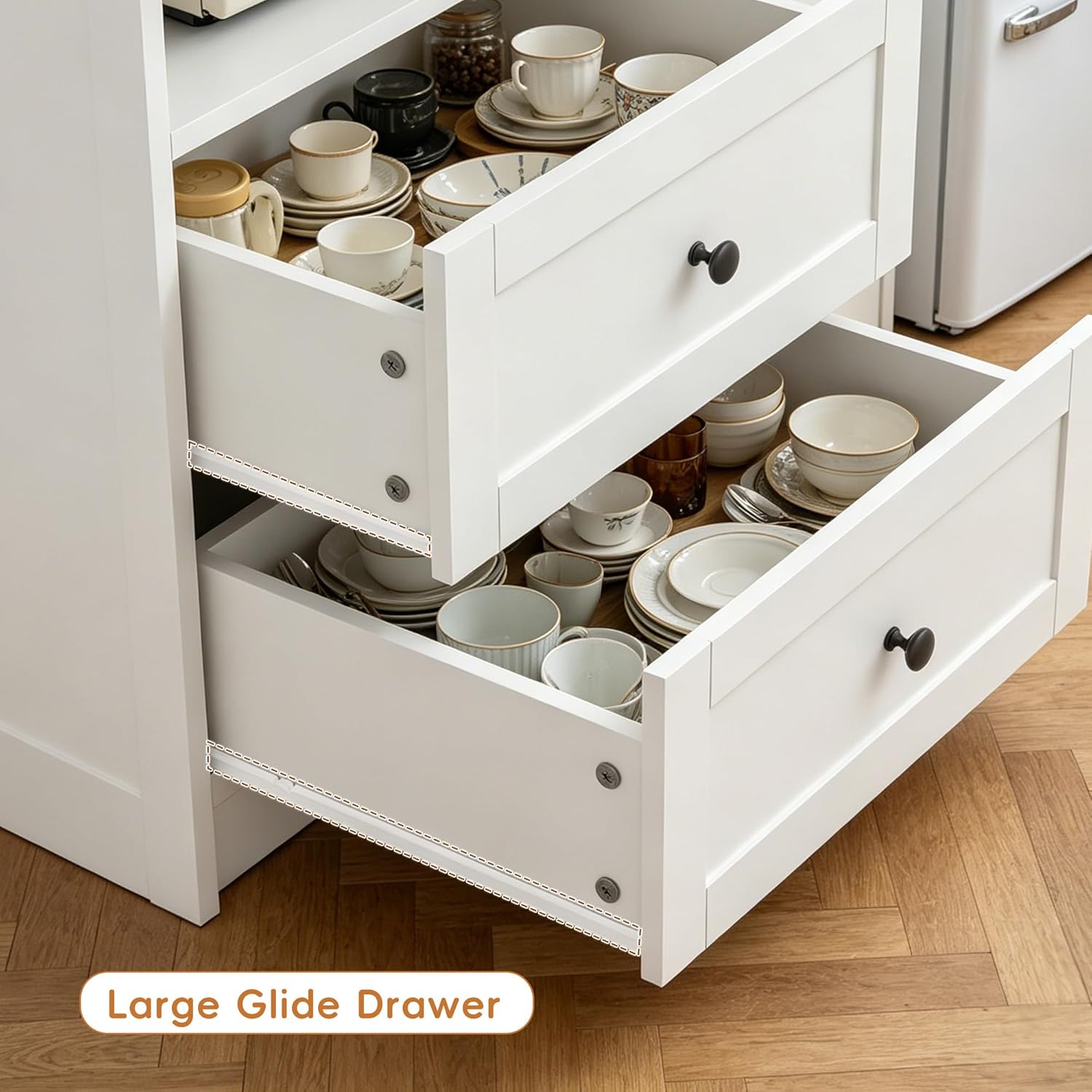 72" Kitchen Pantry Storage Cabinet with Fridge Space, Mini Fridge Cabinet with Charging Station, Large Pantry Cabinet with Drawers, Doors & Shelves, Kitchen Hutch with Microwave Stand, White