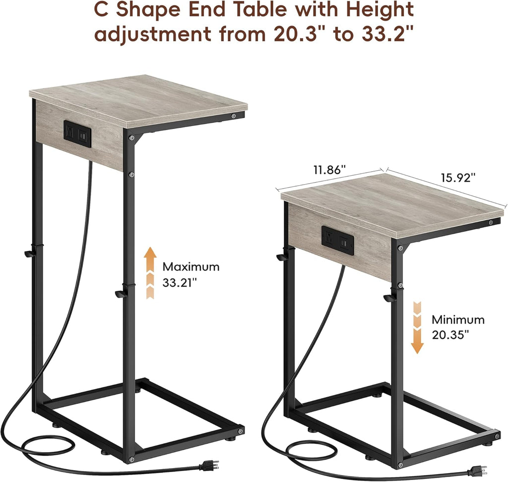 Vagusicc C Shaped End Table with Charging Station, Adjustable Height Side Table for Couch,Small Side Table Small Spaces,33.2'' Tall Couch Tables that Slide Under, Tv Tray Table for Living Room, Greige