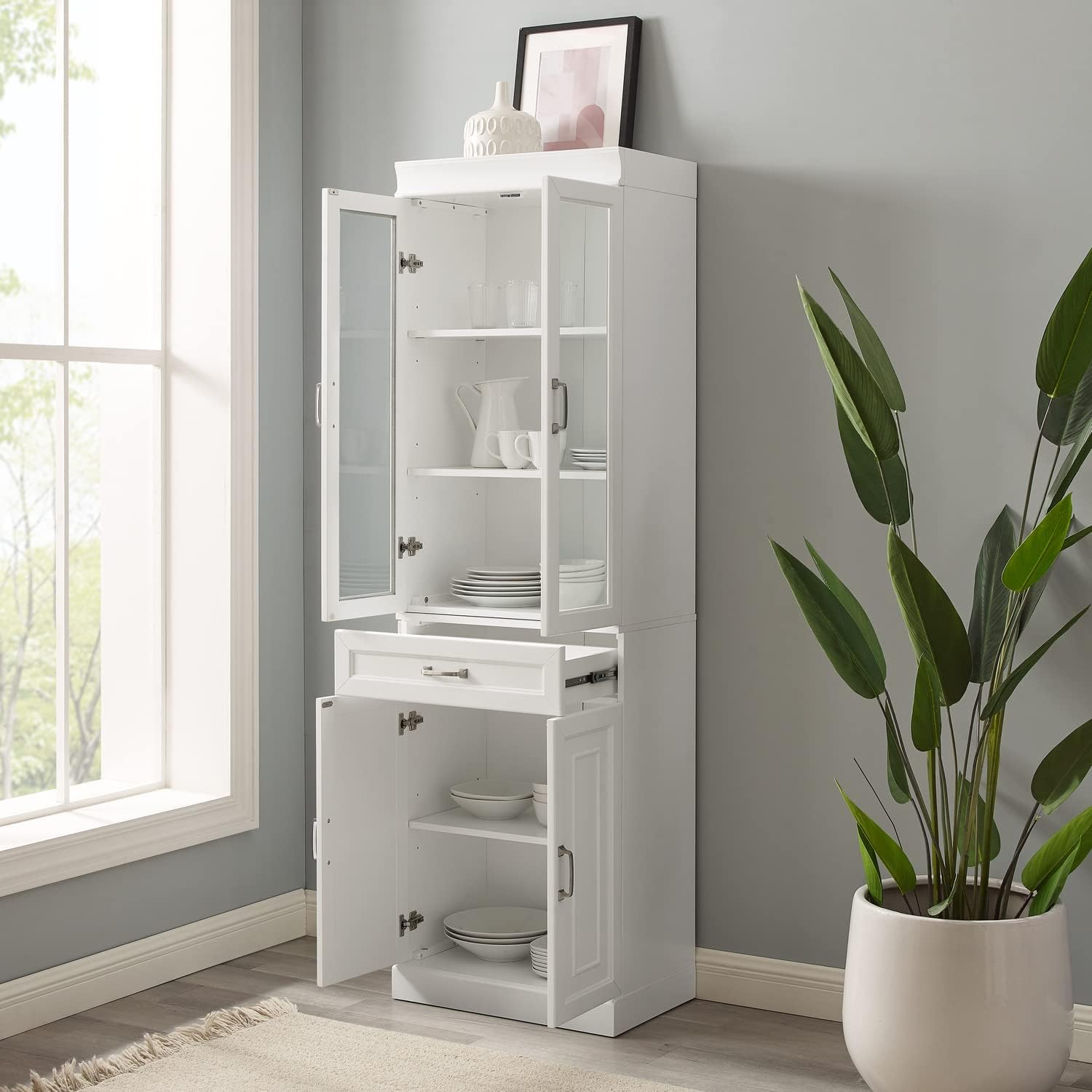 Maykoosh Glass Door Pantry Cabinet - White Kitchen Storage - Adjustable Shelves - Modular Design
