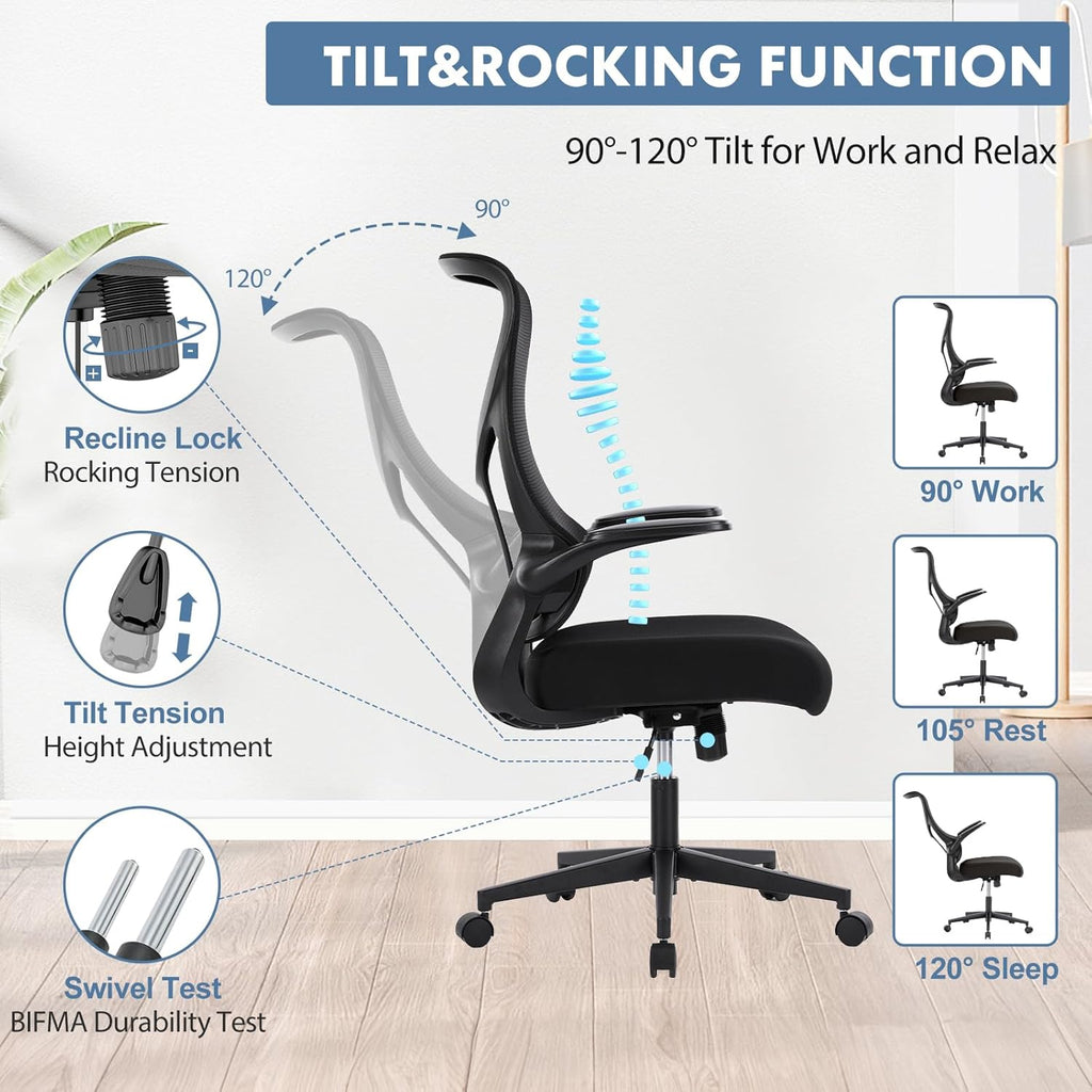 DUMOS Office Managerial Executive Chair with Ergonomic Design, High Back Mesh Computer Desk Chair with Flip-up Armrests, Adjustable Height Swivel Task with Wheels, Comfy Lumbar Support, Black