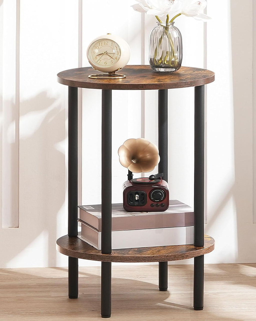 CHOEZON Round Side Table, 2-Tier End Table, Small Round Nightstand, Mini Fridge Stand with Power Outlet, Large Side Table with Fabric Drawer for Dorm, Kitchen, Living Room TBZ01BF-TBZ56UBF