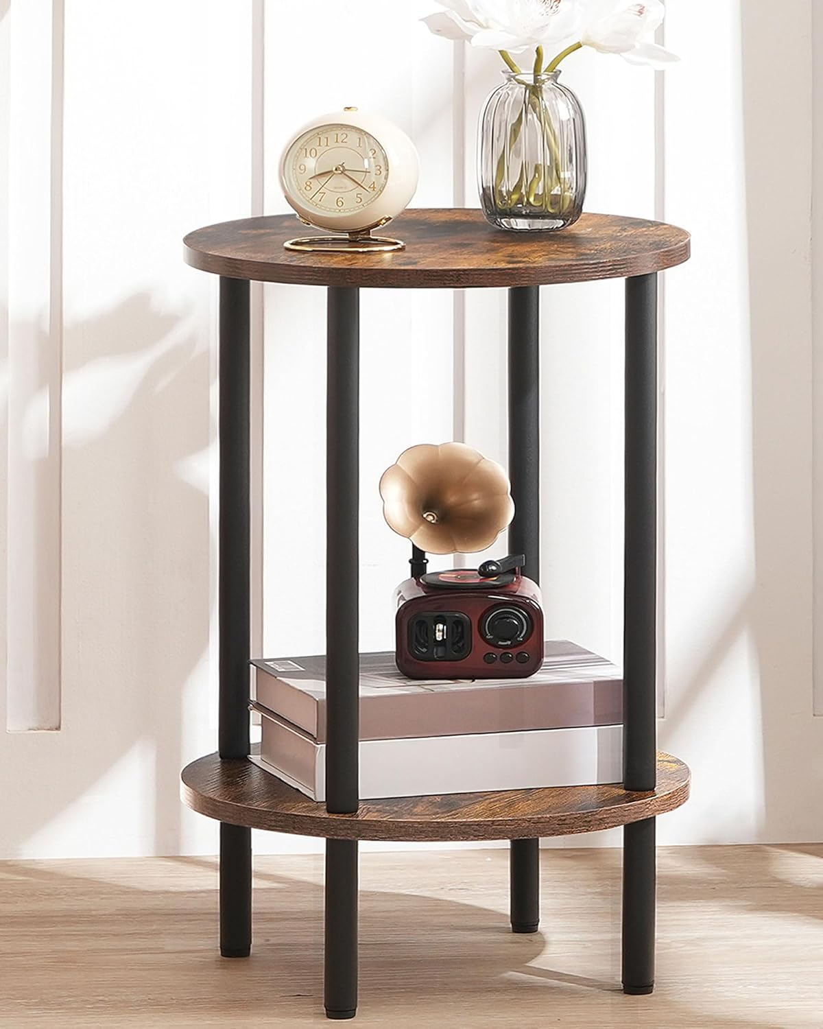 CHOEZON Round Side Table, 2-Tier End Table, Small Round Nightstand, Mini Fridge Stand with Power Outlet, Large Side Table with Fabric Drawer for Dorm, Kitchen, Living Room TBZ01BF-TBZ56UBF