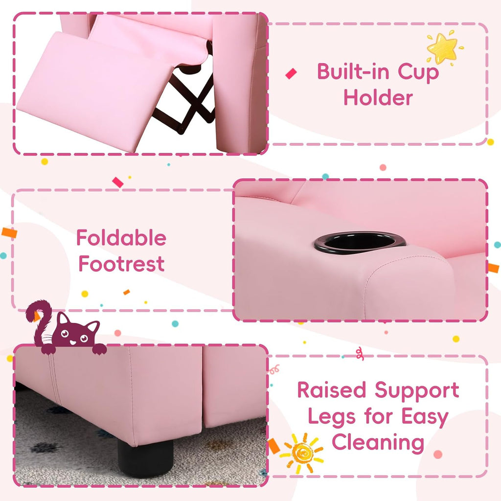 Toddler Recliner Chair for Kids Ages 1-4 – PU Leather Upholstered Kids Sofa with Cup Holder, Adjustable Backrest & Footrest, Comfortable Single Armchair for Boys & Girls Bedroom Living Room (Pink)