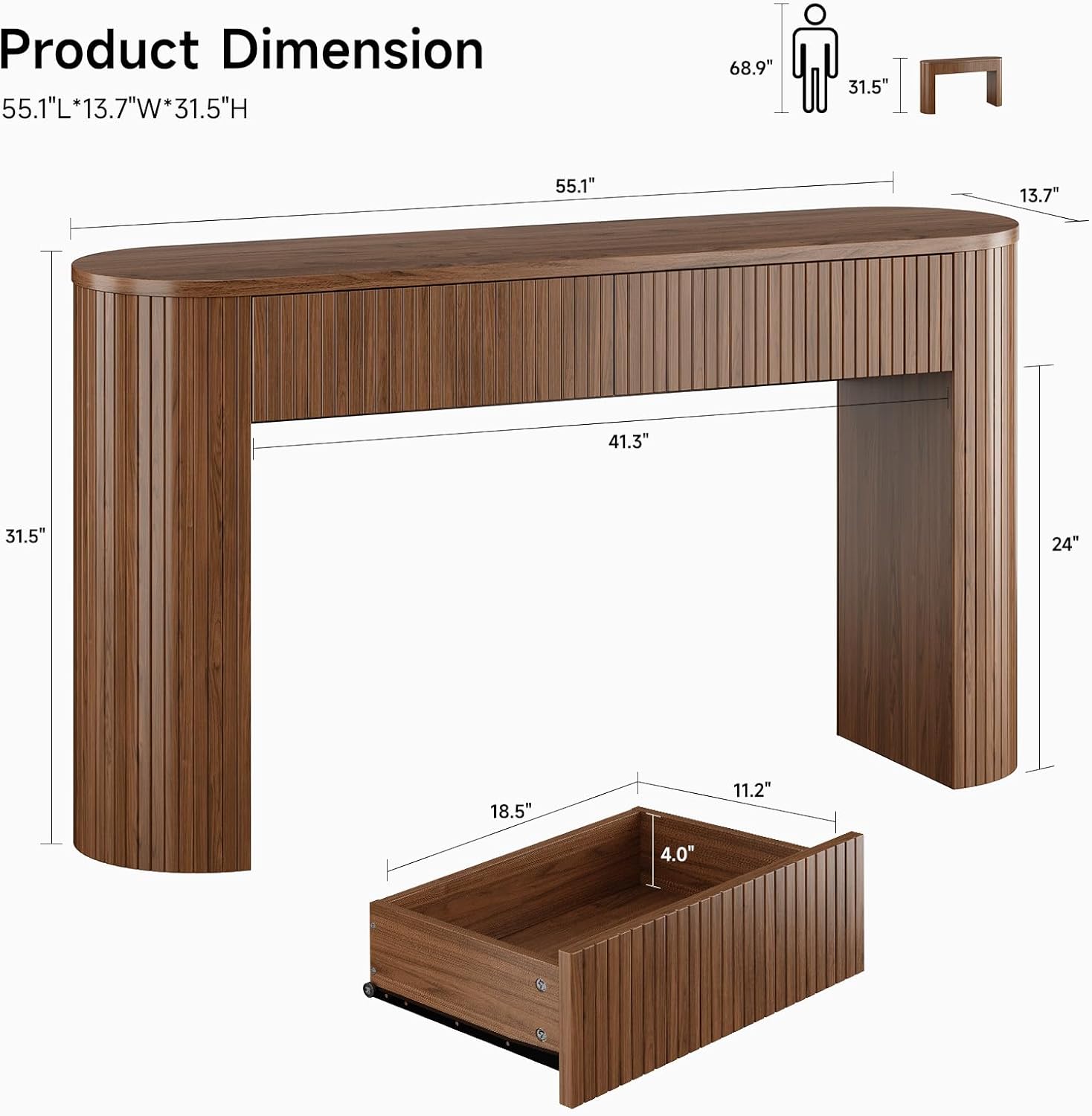 55 Inch Console Table with 2 Drawers, Fluted Entryway Tables with Storage, Sofa Table Behind The Couch, Hallway Tables, Mid-Century Modern Foyer Table for Entryway, Hallway, Living Room, Walnut