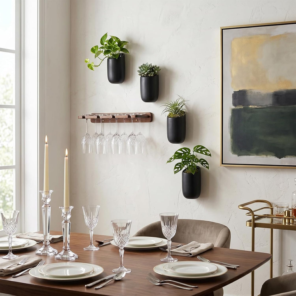 MyGift Set of 4 Mini Matte Black Ceramic Indoor Wall Planter, 6 Inch Cylindrical Wall Mounted Hanging Planter Pot for Succulents, Herbs, String of Pearls