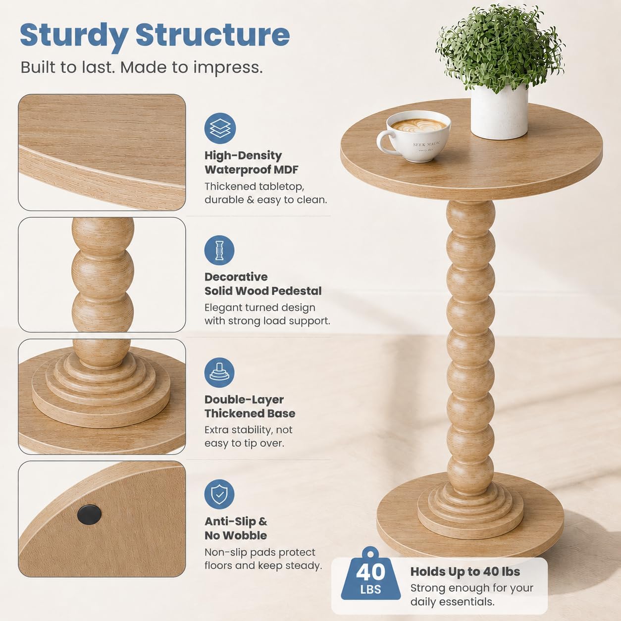 Round Side Table for Small Spaces, Modern Accent End Table with Solid Wood Legs, Versatile Drink Table for Living Room/Bedroom/Corners, Natural Wood