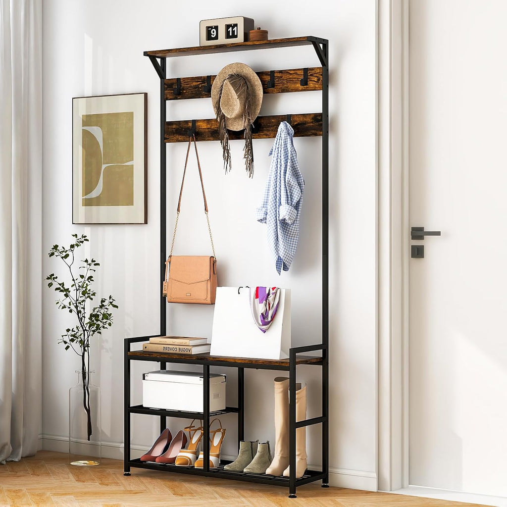 Tangkula Coat Rack Shoe Bench, 3-in-1 Industrial Hall Tree w/Storage Bench & 9 Hanging Hooks, 3-Tier Wood Look Entryway Bench w/Metal Frame, Adjustable Foot Pads for Dorm, Apartment, Hall, Brown