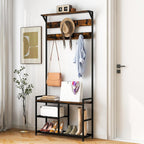 Tangkula Coat Rack Shoe Bench, 3-in-1 Industrial Hall Tree w/Storage Bench & 9 Hanging Hooks, 3-Tier Wood Look Entryway Bench w/Metal Frame, Adjustable Foot Pads for Dorm, Apartment, Hall, Brown