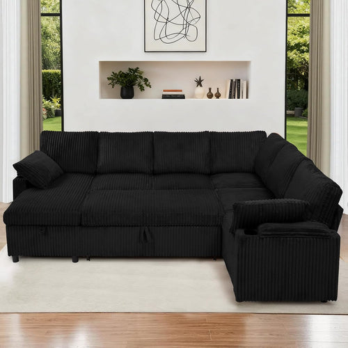 110” Corduroy Sectional Sofa w/Pull Out Bed & Storage Chaise, Reversible U Shaped Sofa w/Storage Armrests & Cup Holders, Corner Couch w/USB Charging Port & Throw Pillow for Living Room, Black