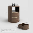 JOINICE Round End Tables Living Room, Fluted End Table with 2 Drawers and Open Shelf, 24" Tall Sofa Side Table with Storage, Nightstand for Bedroom, Living Room, Walnut