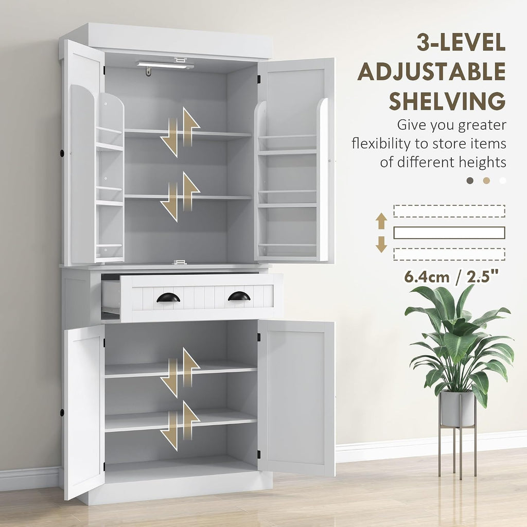 71" Kitchen Pantry Cabinet with Motion Sensor Light, Tall Storage Cabinet with 6 Door Shelves, A Drawer & 4 Adjustable Shelves, for Living Room, Dining Room, White,for Kitchen