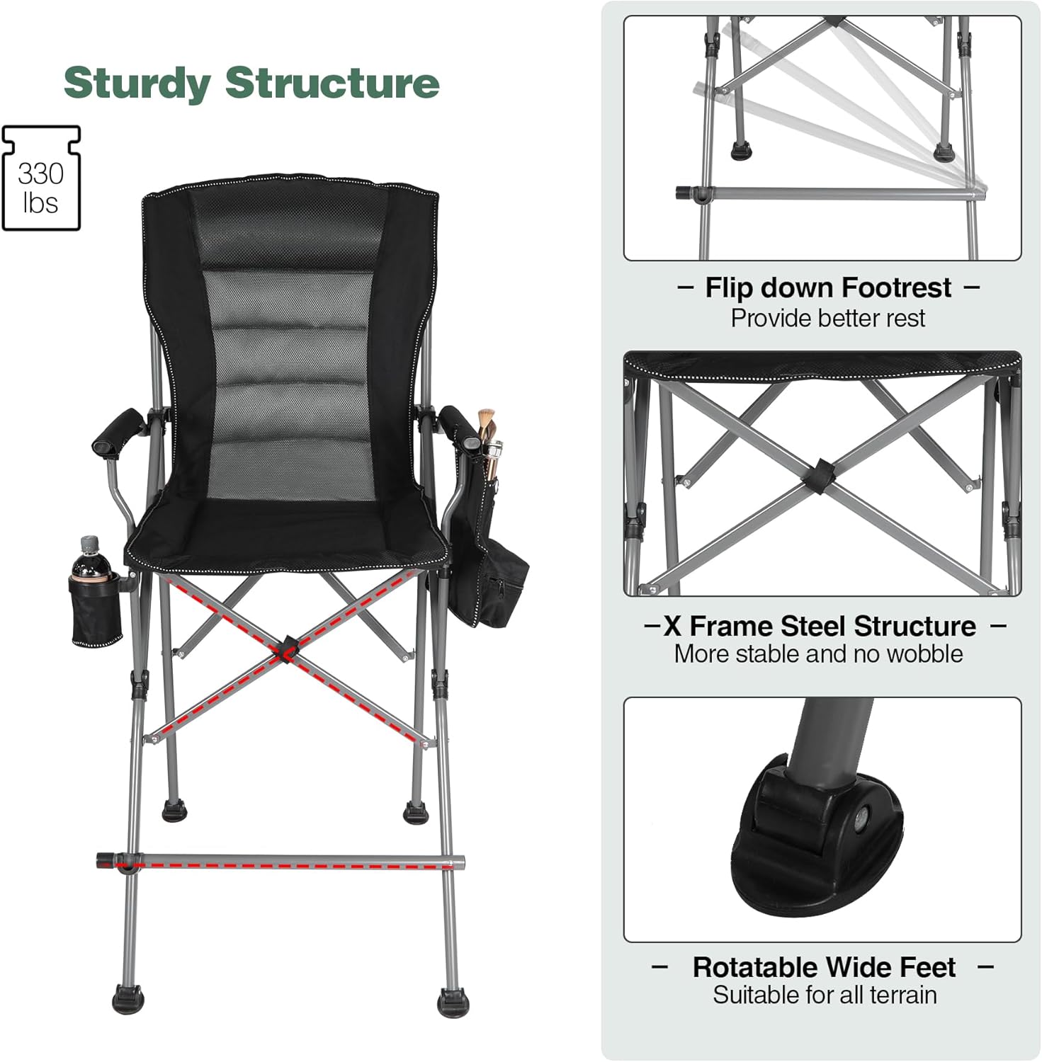 Extra Tall Camping Chairs for Adults 330lbs, Tall Lawn Chairs Portable Bar Height Foldable Director Chairs for Camping Outside, Comfortable with Makeup Pocket and Footrest, Black